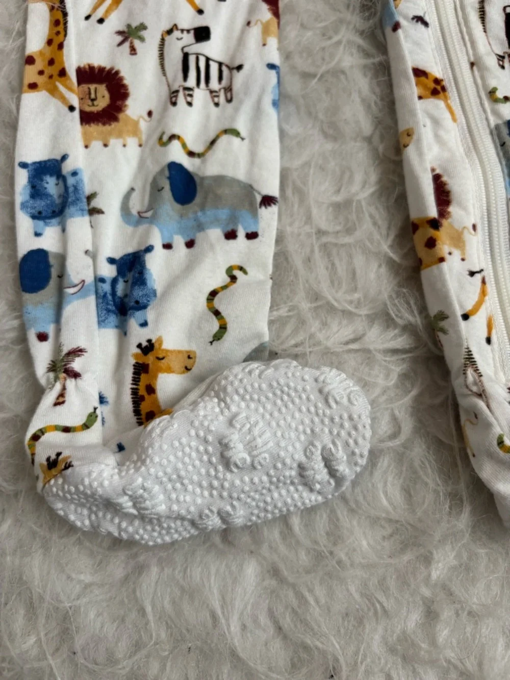 Little Me Baby white Footed Pajamas with Colorful Safari Animal AOP